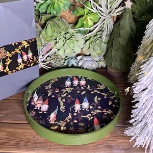 Pottery Barn Black and Green Whimsical Forest Gnome Handcrafted Serving Tray